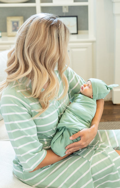 Sage Stripe Pregnancy/Postpartum Robe & Sage Swaddle Blanket Set