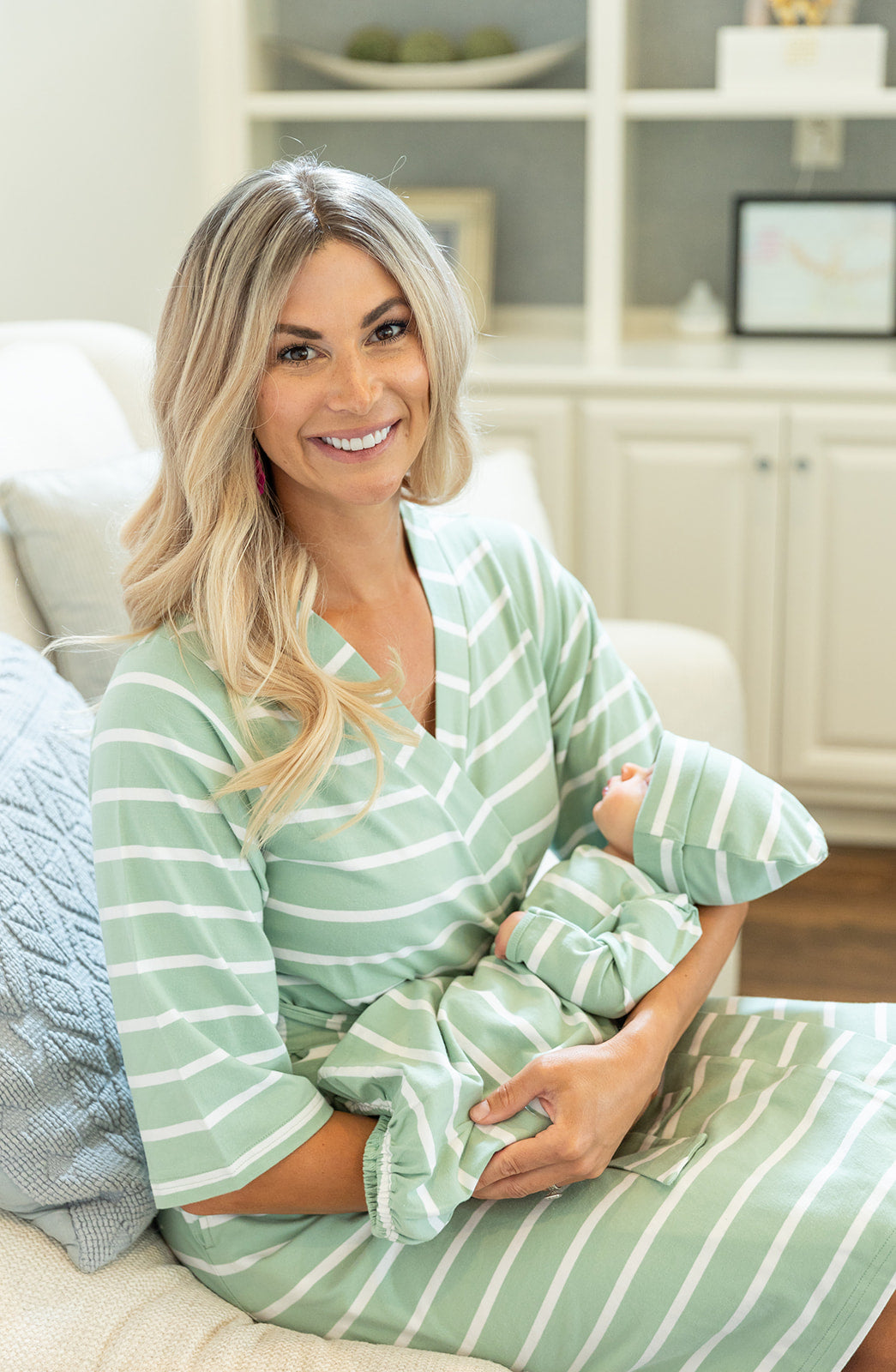 Sage Stripe Pregnancy/Postpartum Robe & Newborn Receiving Gown Set