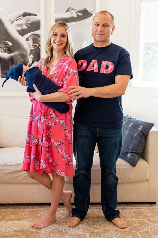 Rose Robe & Navy Newborn Swaddle Blanket Set & Navy Dad T-Shirt