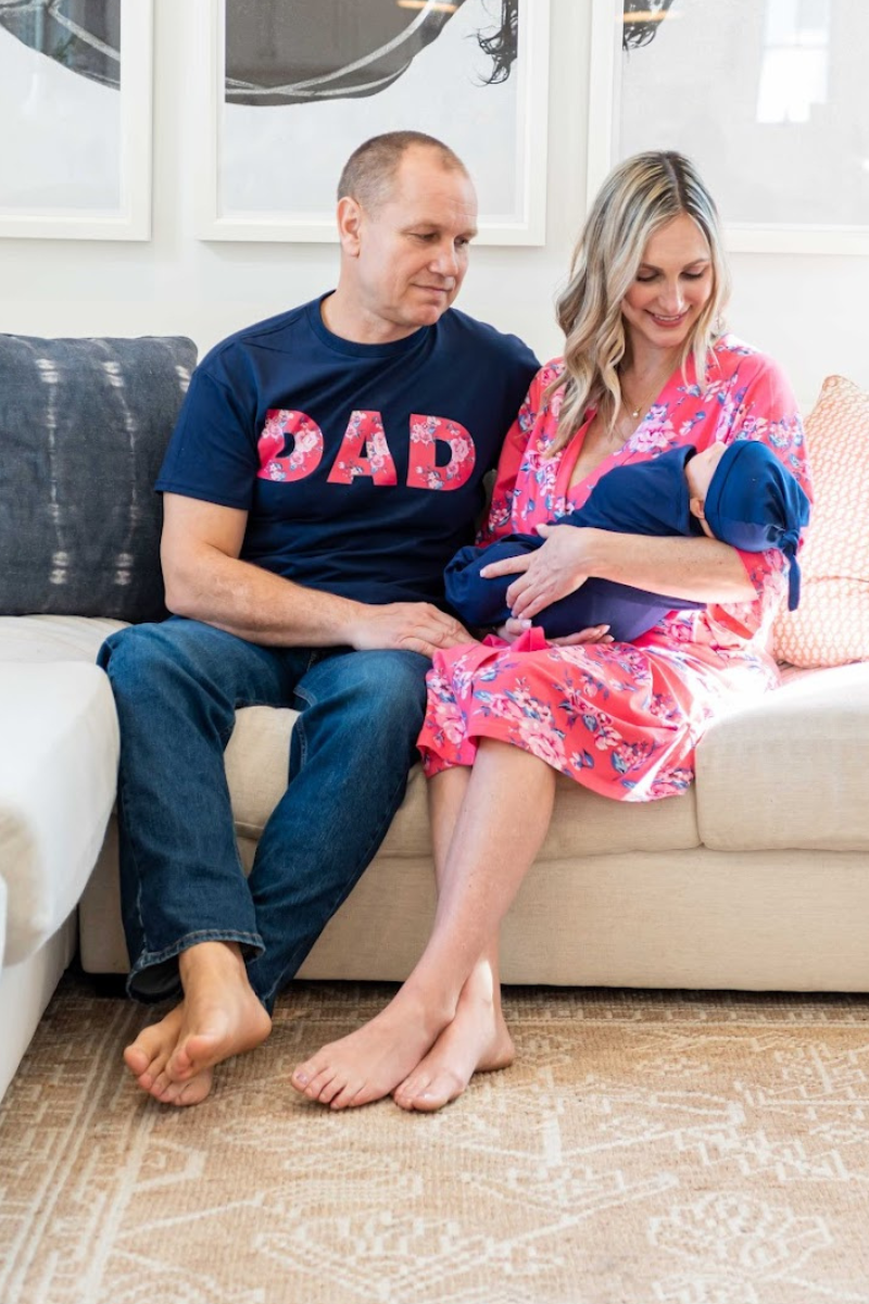 Rose Pregnancy/Postpartum Robe & Navy Solid Swaddle Set & Dad T-Shirt