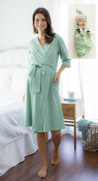 Sage Green Pregnancy/Postpartum Robe & Gia Swaddle Blanket Set