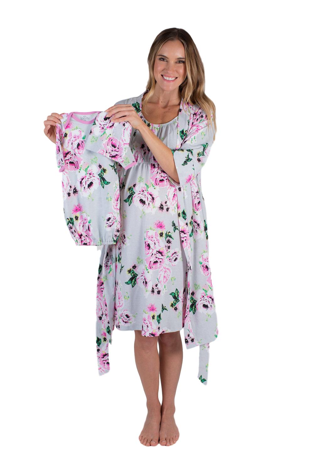 Olivia Pregnancy/Postpartum Robe & Maternity Nursing Nightgown & Baby Receiving Gown Set