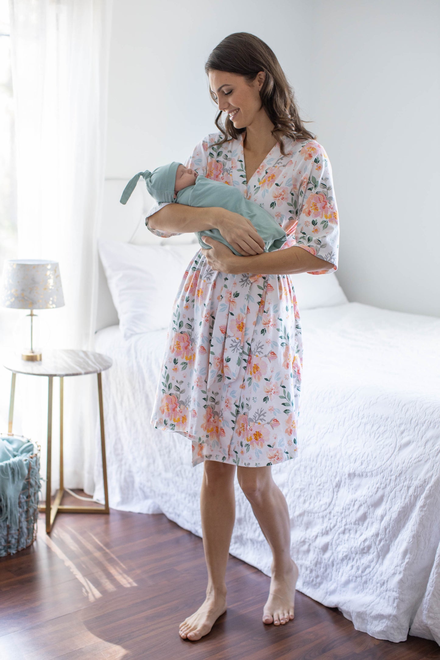 Mila Pregnancy/Postpartum Robe & Sage Green Swaddle Blanket Set