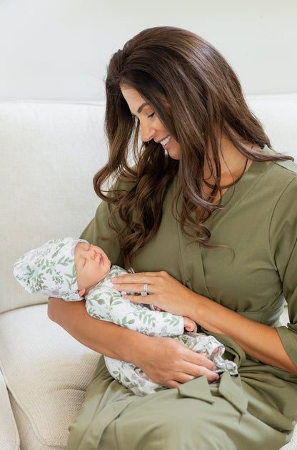 Olive Green Pregnancy/Postpartum Robe & Morgan Baby Receiving Gown Set
