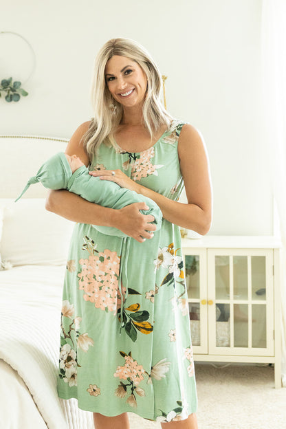 Gia 3 in 1 Labor Gown & Sage Baby Swaddle Set