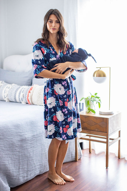 Annabelle Robe & Navy Blue Swaddle Blanket and Hat