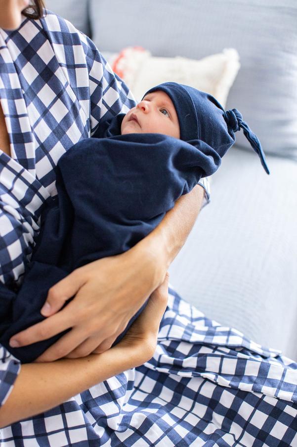 Blue Gingham Robe & Navy Newborn Swaddle Blanket Set & Dad T-Shirt
