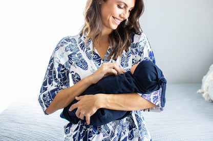 Serra Pregnancy/Postpartum Robe & Navy Blue Swaddle Blanket Set