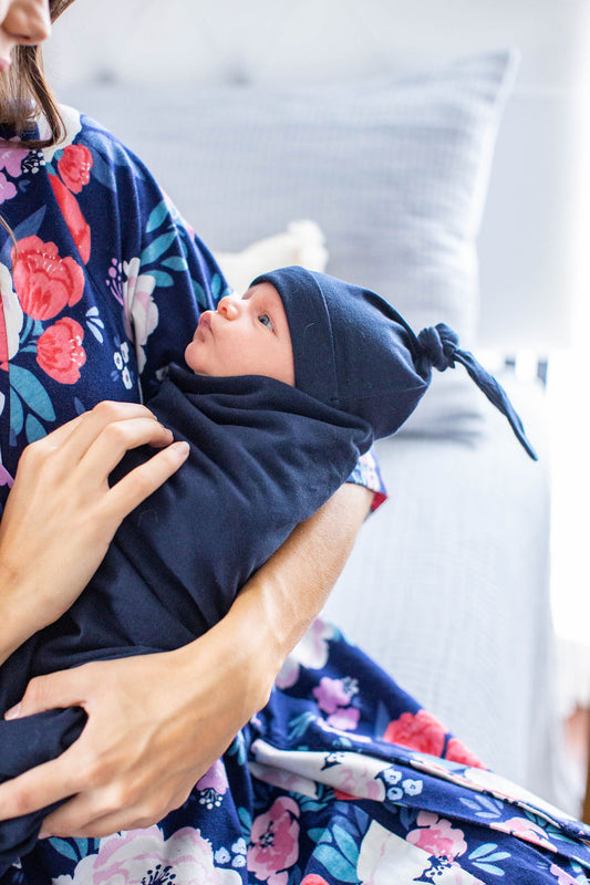 Navy Blue Swaddle Blanket & Newborn Hat Set
