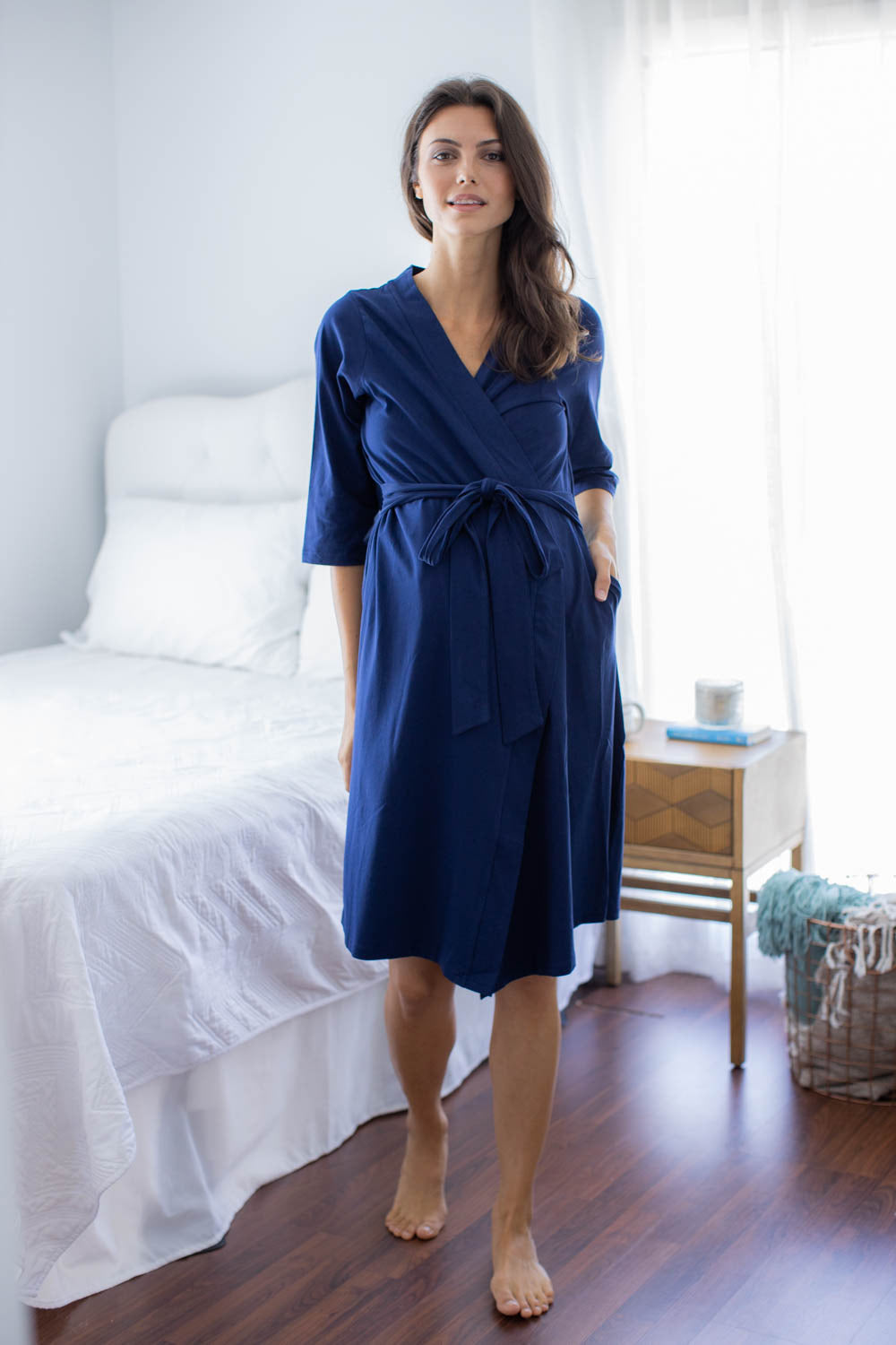 Navy Blue Pregnancy/Postpartum Robe & Serra Swaddle Blanket Set