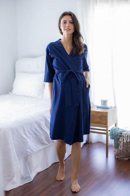 Navy Blue Pregnancy/Postpartum Robe & Annabelle Baby Girl Swaddle Blanket Set