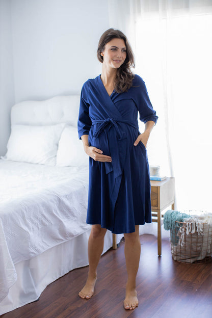 Navy Blue Pregnancy/Postpartum Robe & Matching Luna Baby Gown Set