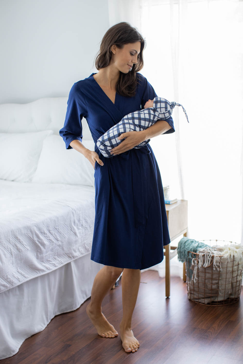 Navy Blue Pregnancy/Postpartum Robe & Blue Gingham Baby Blanket Swaddle Set