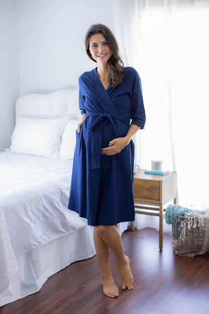 Navy Blue Pregnancy/Postpartum Robe & Matching Luna Swaddle Blanket Set