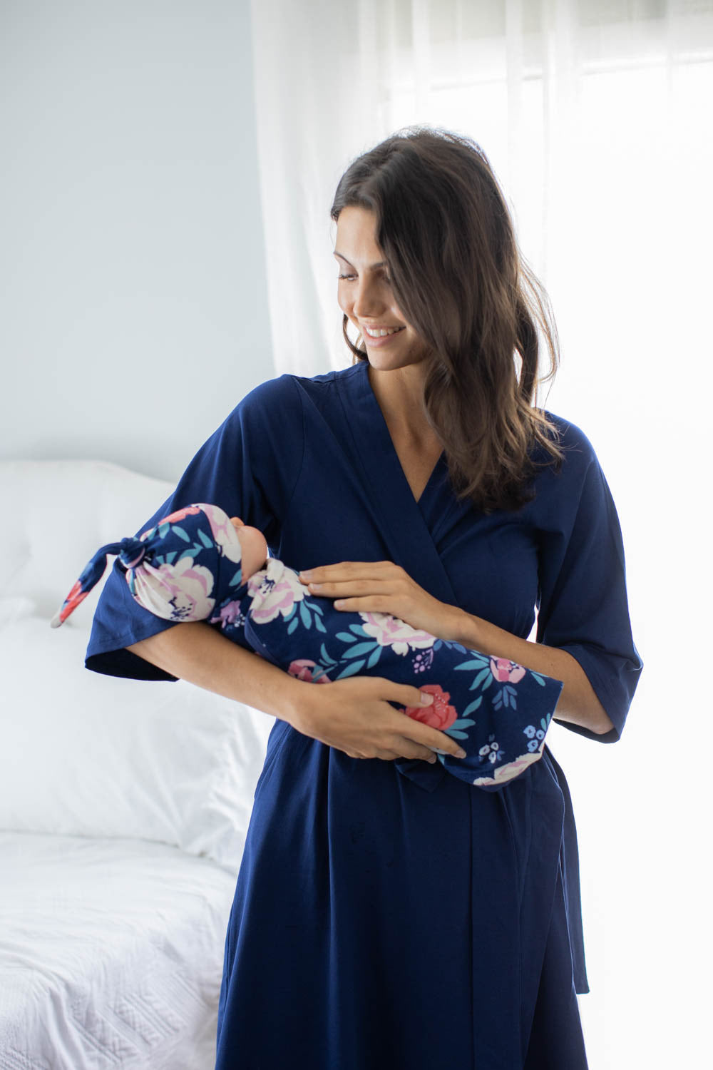 Navy Blue Pregnancy/Postpartum Robe & Annabelle Baby Girl Swaddle Blanket Set