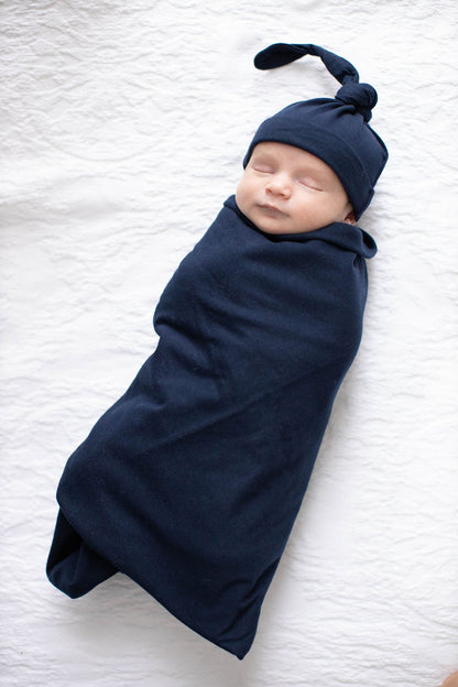 Annabelle Robe & Navy Blue Swaddle Blanket and Hat
