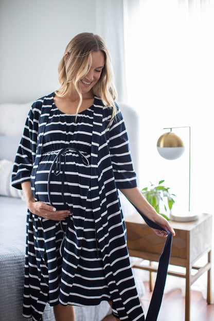 Navy Stripe 3 in 1 Labor Delivery Gown & Matching Pregnancy/Postpartum Robe