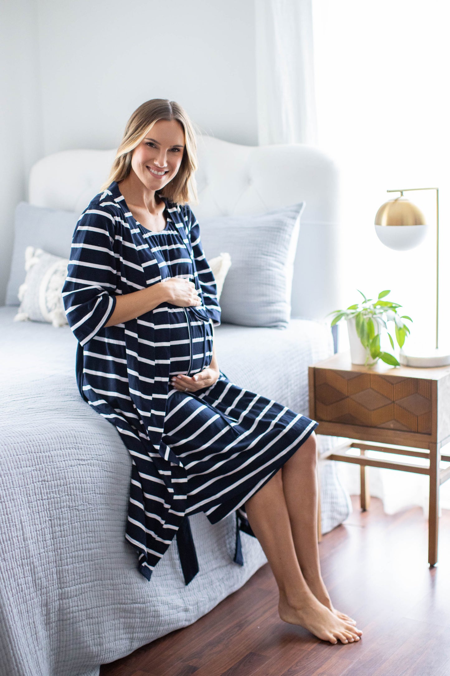 Navy Stripe 3 in 1 Labor Delivery Gown & Matching Pregnancy/Postpartum Robe