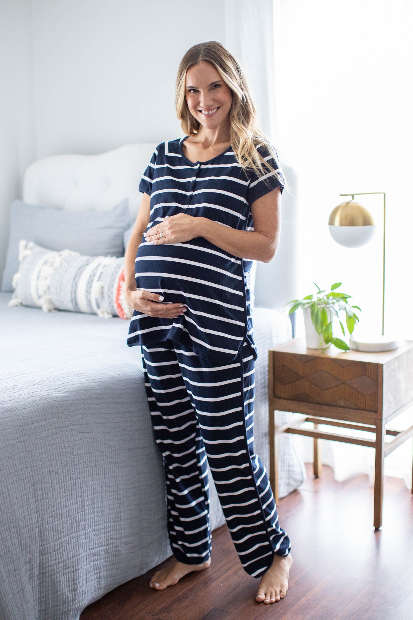 Navy Stripe Maternity Nursing Pajama Set