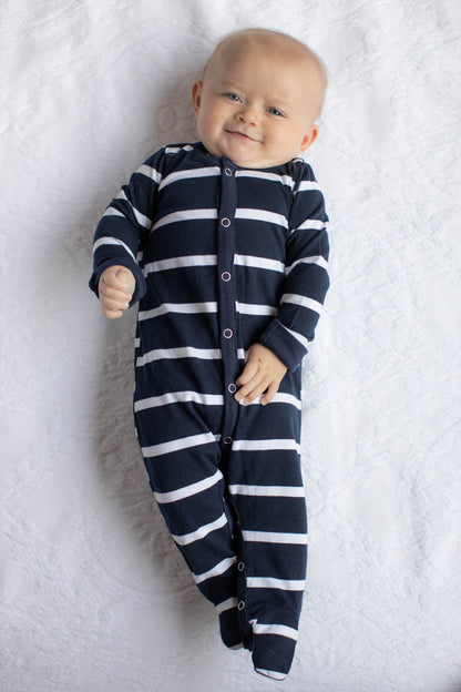 Navy Stripe Baby One Piece Footed Romper