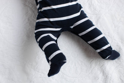 Navy Stripe Baby One Piece Footed Romper
