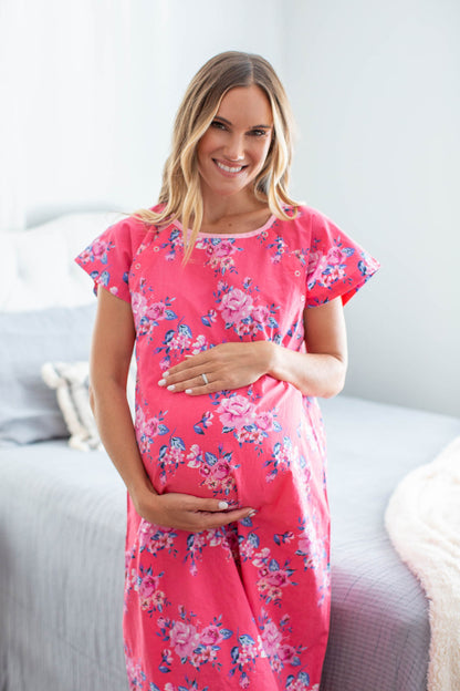 Rose printed Gownie with shoulder snaps and back snaps for skin-to-skin contact and full coverage. 