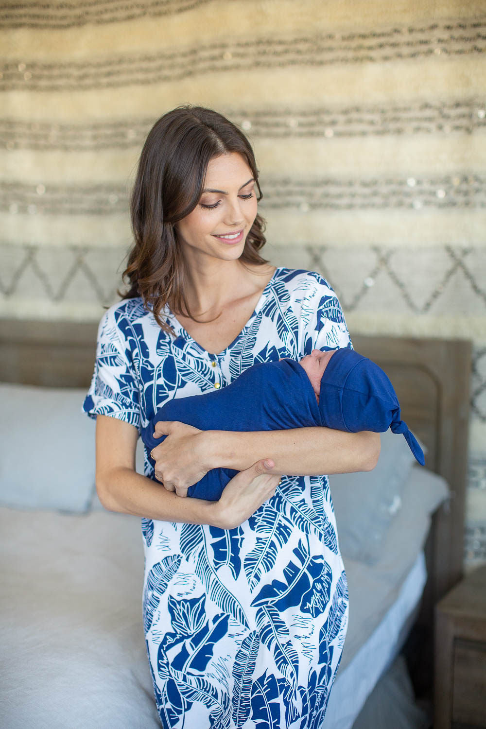 Serra Endless Mama Maternity/Nursing Lounge Dress & Navy Swaddle Blanket Set