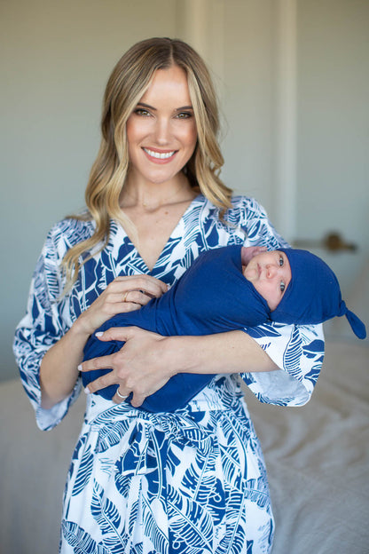 Serra Mommy & Daughter Robe Set & Navy Newborn Swaddle Blanket Set