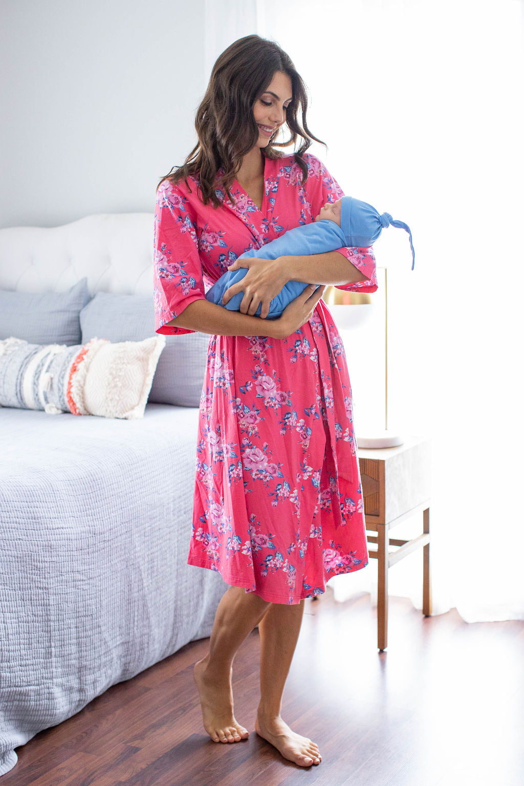 Rose Pregnancy/Postpartum Robe & Sky Blue Swaddle Blanket Set
