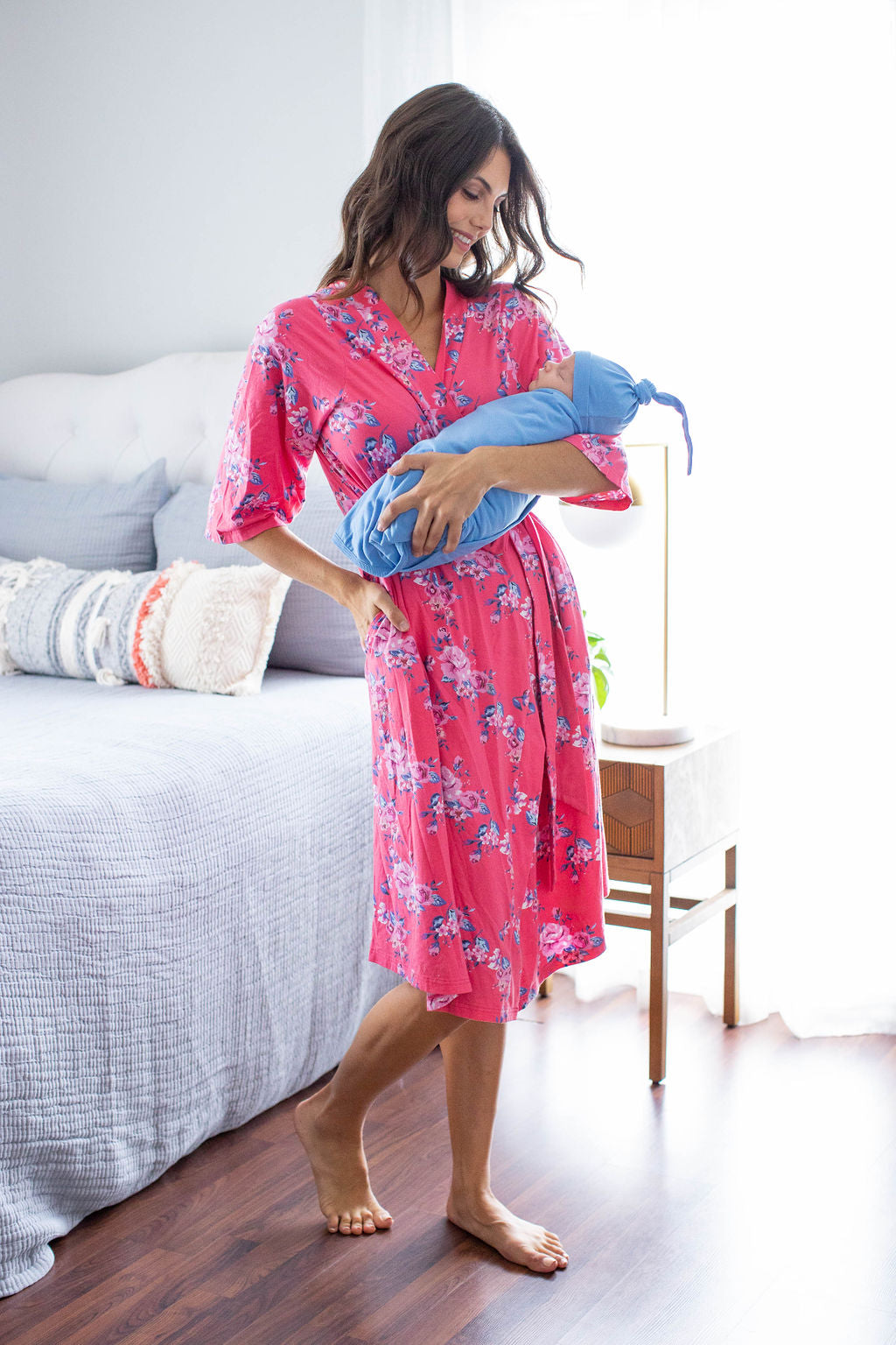 Rose Pregnancy/Postpartum Robe & Sky Blue Swaddle Blanket Set