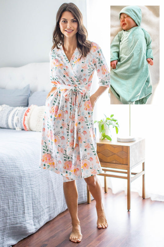   Peach color  flowers, Sage baby gown. easy wah