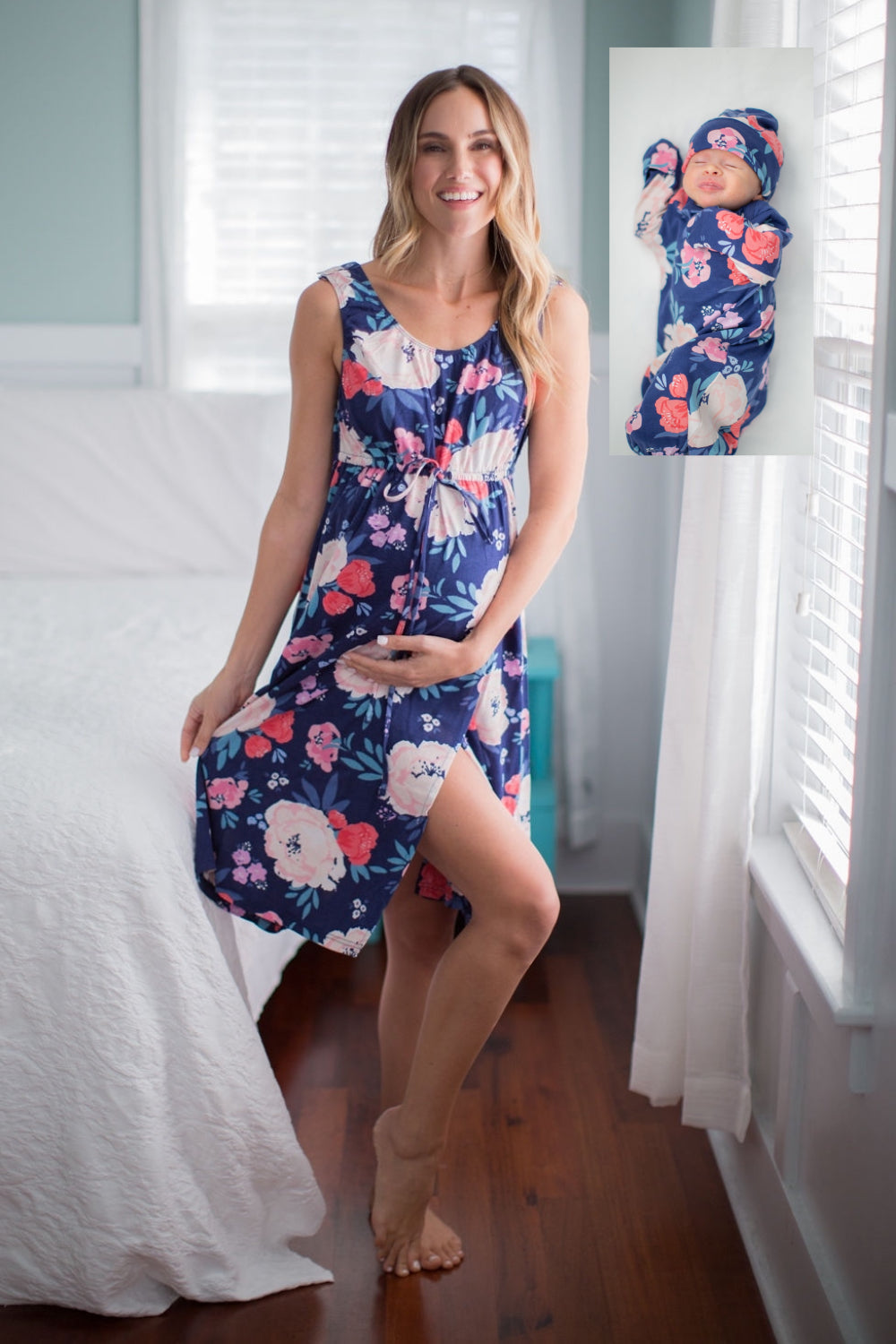 Annabelle print labor gown with cream and pink flowers against a navy background. This set comes with matching baby gown. 