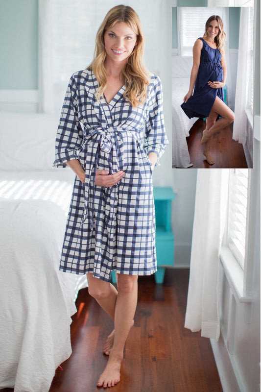 Blue Gingham Robe & Navy 3 in 1 Labor Gown Set