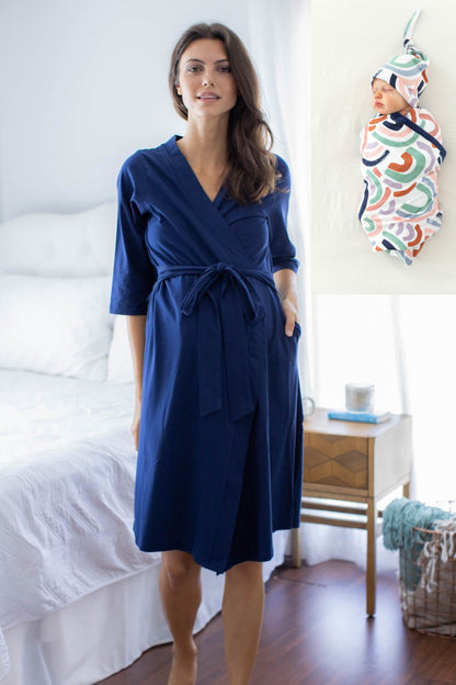 Navy Blue Pregnancy/Postpartum Robe & Matching Rainbow Baby Swaddle Blanket Set