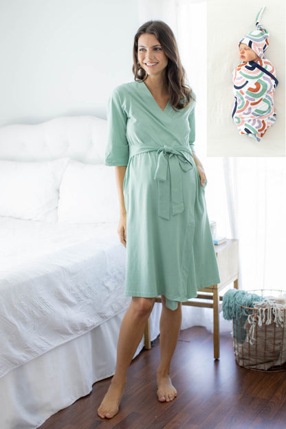 Sage Green Pregnancy/Postpartum Robe & Rainbow Baby Swaddle Blanket Set