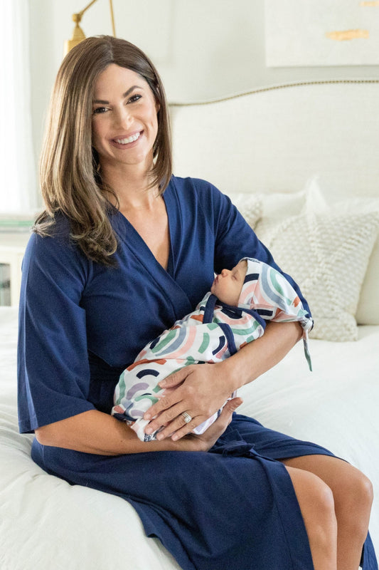 Navy Blue Pregnancy/Postpartum Robe & Matching Rainbow Baby Swaddle Blanket Set