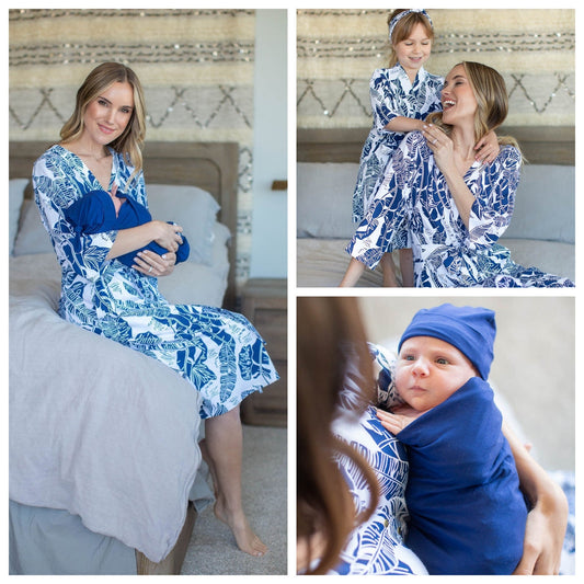 Serra Mom Pregnancy/Postpartum Robe & Big Sister Robe & Navy Swaddle Blanket Set