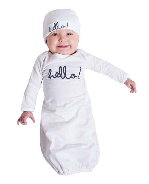 White Hello Baby Receiving Gown & Hat