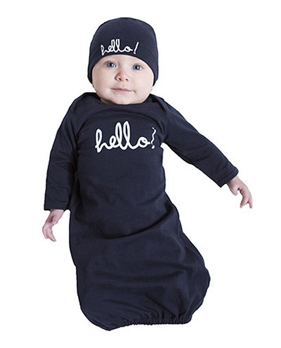 Navy Hello Baby Receiving Gown & Hat